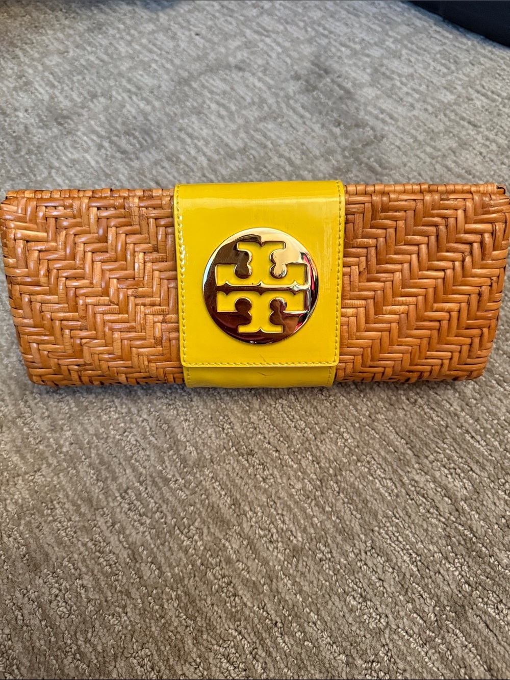 Tory Burch Woven Rattan Clutch with Yellow Patent Strap